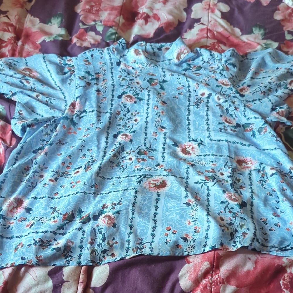 LC Lauren Conrad Light Blue Floral Blouse